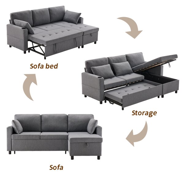 L-Shaped Corner Sofa Bed with Storage, 3 Seater Pull-Out Convertible Settee with Cup Holders and Magazine Pockets, 212x141x87.5 cm, Grey Aosom UK