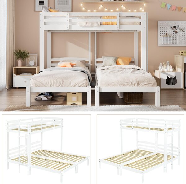 Triple Bunk Bed Space-Saving SleeperSide with Ladder and Bedside Storage, Bed Frame with Safety Rails, 204L x 198W x 162.5H cm, White Aosom UK