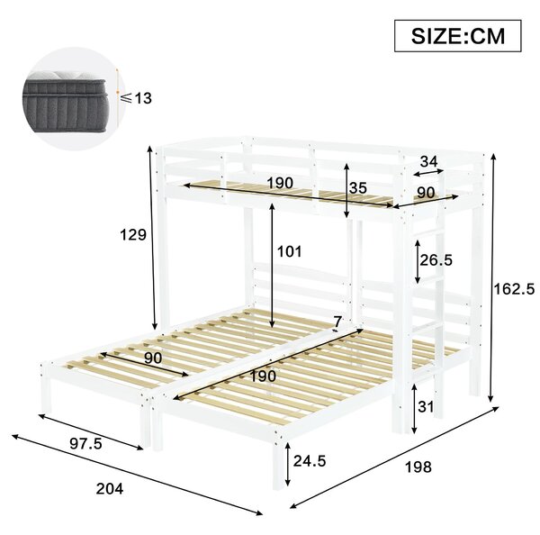 Triple Bunk Bed Space-Saving SleeperSide with Ladder and Bedside Storage, Bed Frame with Safety Rails, 204L x 198W x 162.5H cm, White Aosom UK