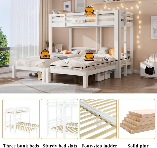 Triple Bunk Bed Space-Saving SleeperSide with Ladder and Bedside Storage, Bed Frame with Safety Rails, 204L x 198W x 162.5H cm, White Aosom UK