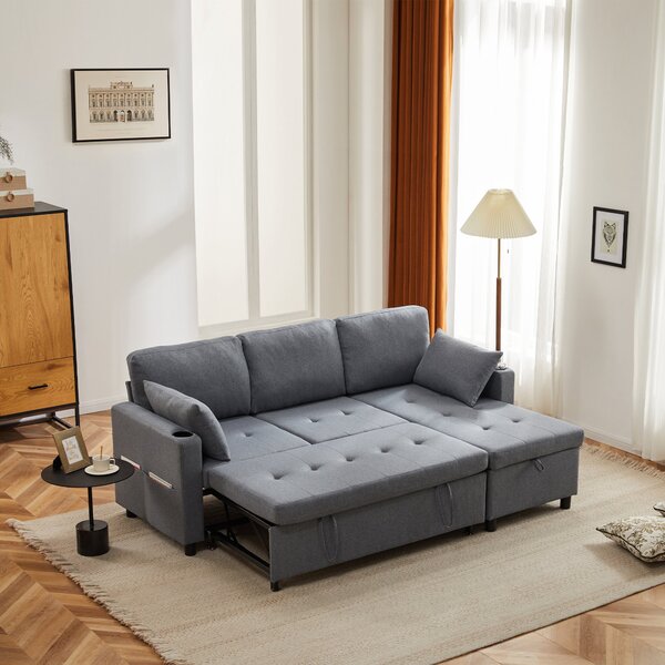 L-Shaped Corner Sofa Bed with Storage, 3 Seater Pull-Out Convertible Settee with Cup Holders and Magazine Pockets, 212x141x87.5 cm, Grey Aosom UK