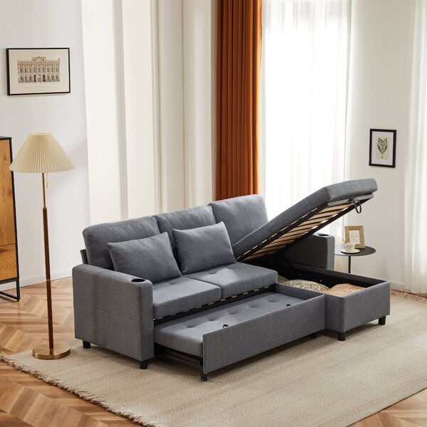 L-Shaped Corner Sofa Bed with Storage, 3 Seater Pull-Out Convertible Settee with Cup Holders and Magazine Pockets, 212x141x87.5 cm, Grey Aosom UK