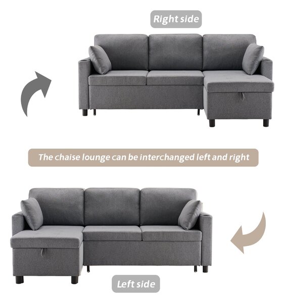 L-Shaped Corner Sofa Bed with Storage, 3 Seater Pull-Out Convertible Settee with Cup Holders and Magazine Pockets, 212x141x87.5 cm, Grey Aosom UK