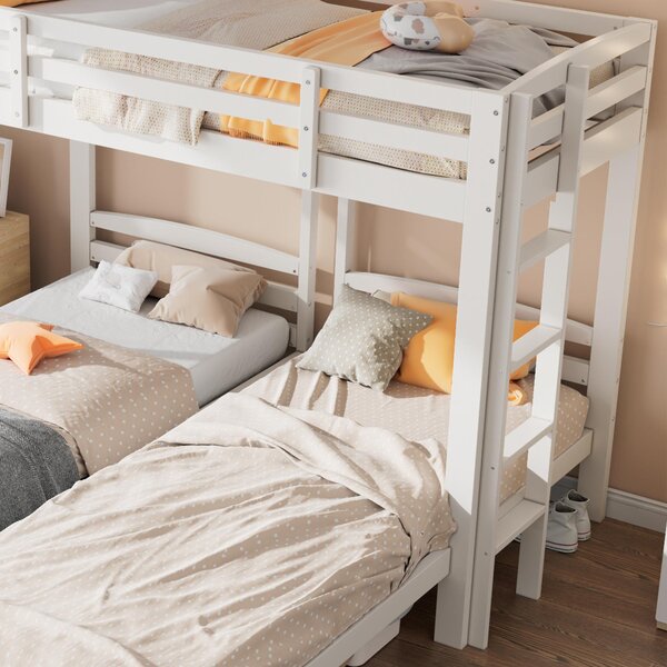 Triple Bunk Bed Space-Saving SleeperSide with Ladder and Bedside Storage, Bed Frame with Safety Rails, 204L x 198W x 162.5H cm, White Aosom UK