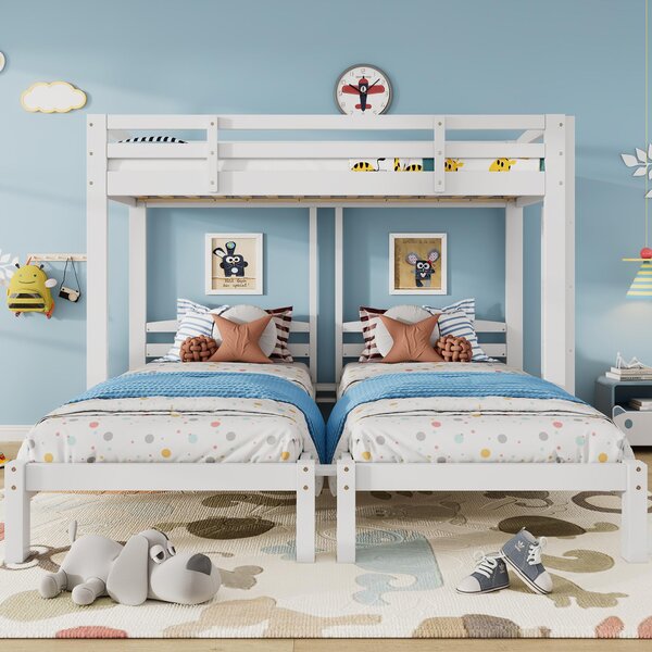 Triple Bunk Bed Space-Saving SleeperSide with Ladder and Bedside Storage, Bed Frame with Safety Rails, 204L x 198W x 162.5H cm, White Aosom UK
