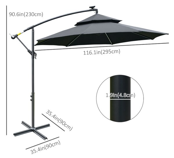 Outsunny 3(m) Cantilever Banana Parasol Hanging Umbrella with Double Roof, LED Solar lights, Crank, 8 Sturdy Ribs and Cross Base, Black