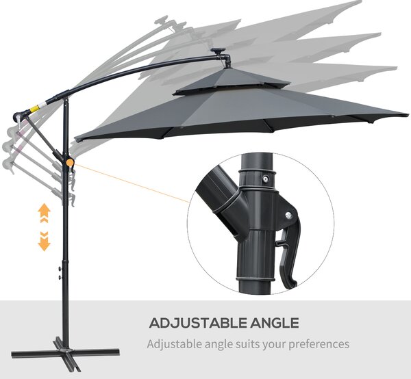 Outsunny 3(m) Cantilever Banana Parasol Hanging Umbrella with Double Roof, LED Solar lights, Crank, 8 Sturdy Ribs and Cross Base, Black