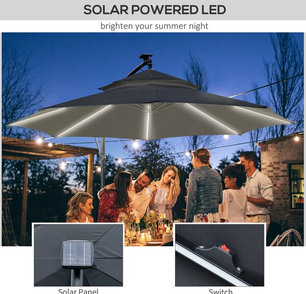 Outsunny 3(m) Cantilever Banana Parasol Hanging Umbrella with Double Roof, LED Solar lights, Crank, 8 Sturdy Ribs and Cross Base, Black
