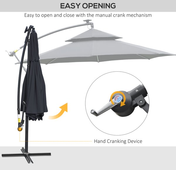 Outsunny 3(m) Cantilever Banana Parasol Hanging Umbrella with Double Roof, LED Solar lights, Crank, 8 Sturdy Ribs and Cross Base, Black