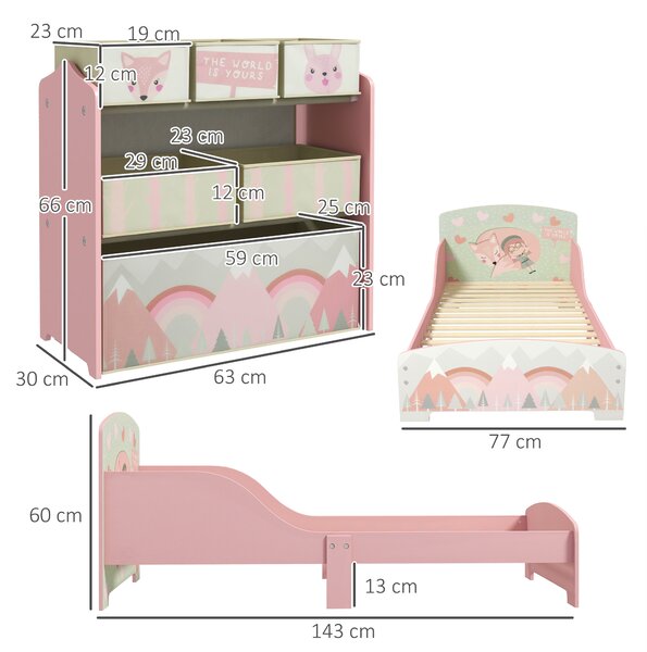 ZONEKIZ Toddler Bed Frame, Kids Storage Shelf Unit with 6 Fabric Bins for Ages 3-6 Years, Pink Aosom UK
