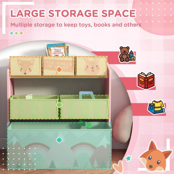 ZONEKIZ Toddler Bed Frame, Kids Storage Shelf Unit with 6 Fabric Bins for Ages 3-6 Years, Pink Aosom UK