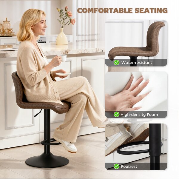 HOMCOM Bar Stools Set of 2, PU Leather Barstools with Backrest and Footrest for Kitchen, Counter, Breakfast Bar, Brown