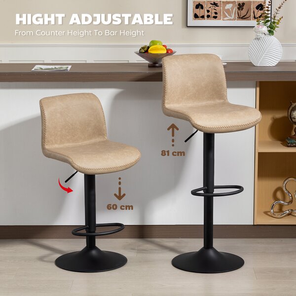 HOMCOM Bar Stools Set of 2, PU Leather Barstools with Backrest and Footrest for Kitchen, Counter, Breakfast Bar, Light Brown