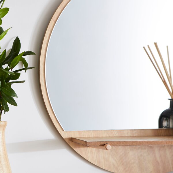 Wooden Round Wall Mirror with Shelf