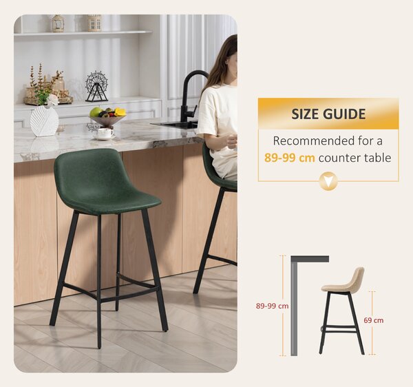 HOMCOM Bar Stools Set of 2, PU Leather Dining Stools with Backrest, Footrest, for Kitchen, Counter, Breakfast Bar, Green