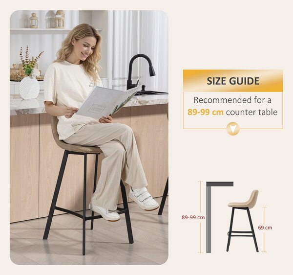 HOMCOM Bar Stools Set of 2, PU Leather Dining Stools with Backrest, Footrest, for Kitchen, Counter, Breakfast Bar, Light Brown