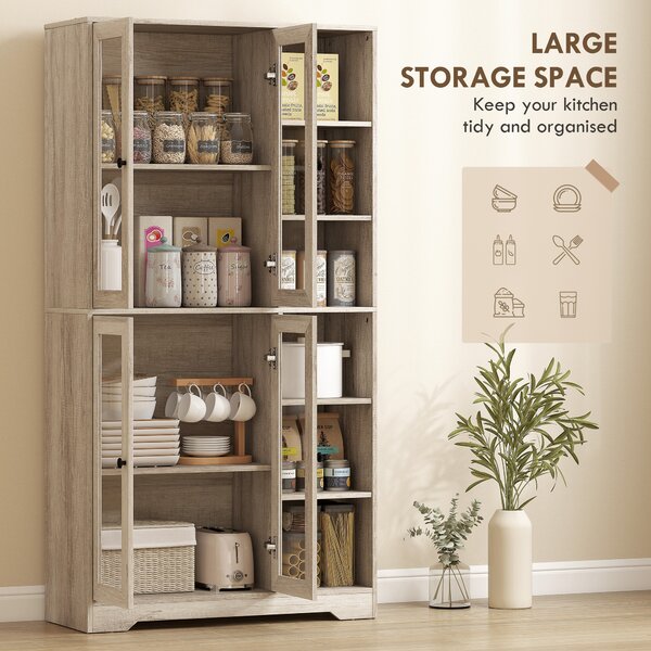 HOMCOM Multi-Storage Kitchen Cabinet, with Glass Doors - Grey Wood-Effect