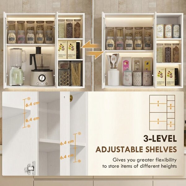 HOMCOM Glass Door Cabinet Adjustable Shelf with Large Storage Multi Storage for Kitchen White Wood Effect Aosom UK