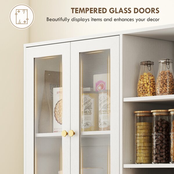 HOMCOM Glass Door Cabinet Adjustable Shelf with Large Storage Multi Storage for Kitchen White Wood Effect Aosom UK