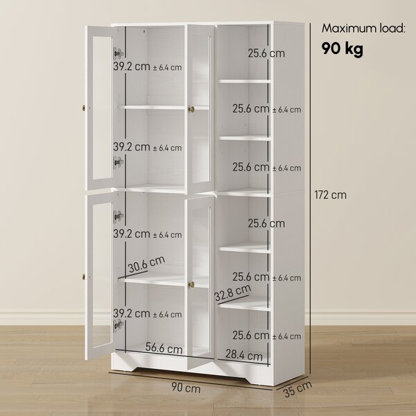HOMCOM Glass Door Cabinet Adjustable Shelf with Large Storage Multi Storage for Kitchen White Wood Effect Aosom UK