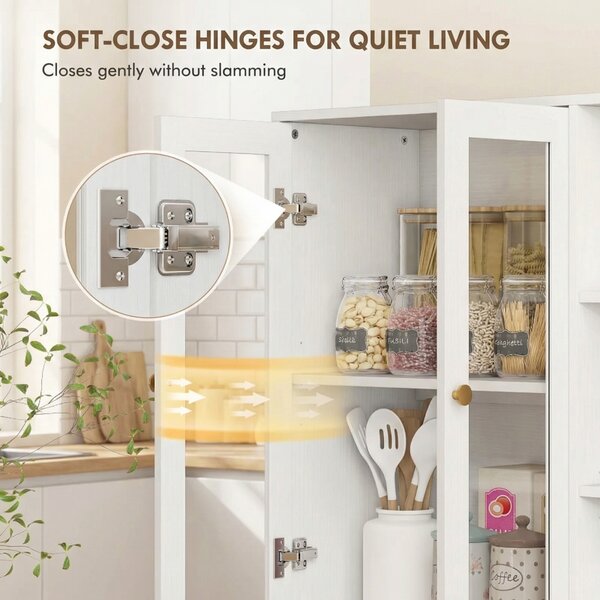 HOMCOM Glass Door Cabinet Adjustable Shelf with Large Storage Multi Storage for Kitchen White Wood Effect Aosom UK