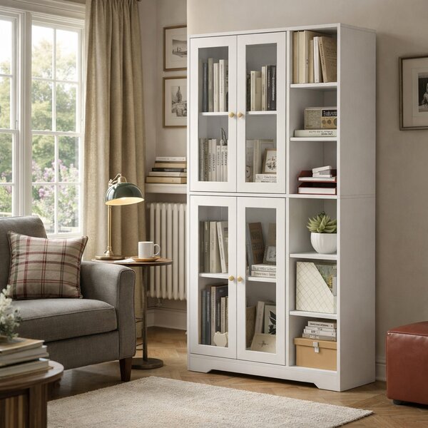 HOMCOM Glass Door Cabinet Adjustable Shelf with Large Storage Multi Storage for Kitchen White Wood Effect Aosom UK