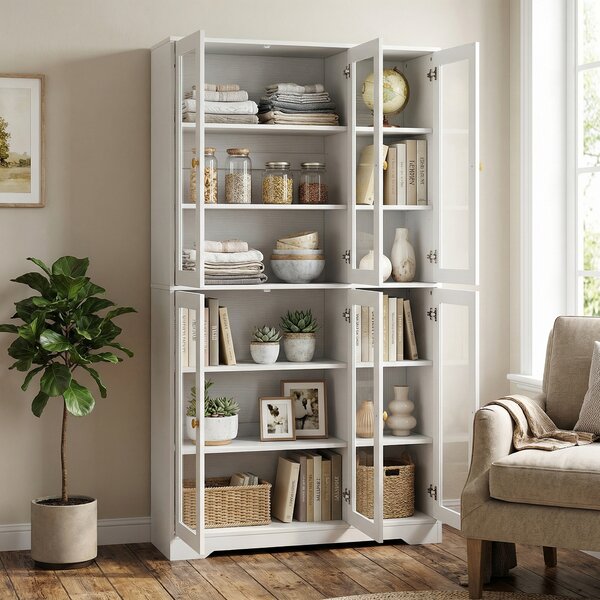 HOMCOM Glass Door Cabinet Adjustable Shelf with Large Storage Multi Storage for Kitchen White Wood Effect Aosom UK