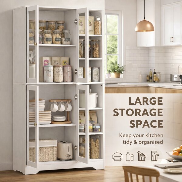 HOMCOM Glass Door Cabinet Adjustable Shelf with Large Storage Multi Storage for Kitchen White Wood Effect Aosom UK