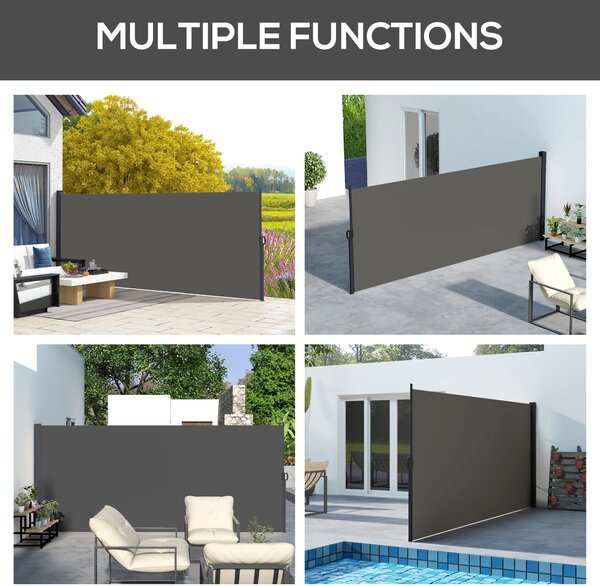 Outsunny Retractable Side Awning, Outdoor Privacy Screen for Garden, Hot Tub, Balcony, Terrace, Pool, 400 x 180cm, Dark Grey