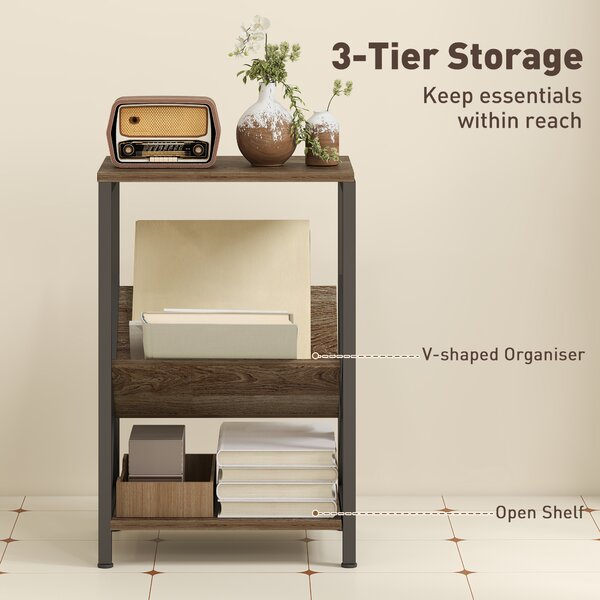 HOMCOM Narrow Side Table, End Table with 3-Tier Storage, V-Shaped Magazine Holder for Living Room, Bedroom, 40 x 30 x 61cm, Oak