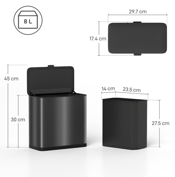 HOMCOM 8L Hanging Kitchen Bin, Rubbish bin with Lid and Removable Inner Bucket for Kitchen Cabinet Door, Under Sink, Office