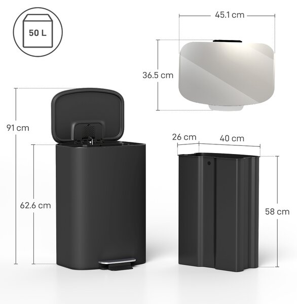 HOMCOM 50L Kitchen Bin with Soft-Close Lid and Stay-Open Function, Stainless Steel Pedal Bin with Removable Inner Bucket, Carry Handle for Kitchen, Office, Home, Black