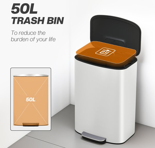 HOMCOM 50L Kitchen Bin with Soft-Close Lid and Stay-Open Function, Stainless Steel Pedal Bin with Removable Inner Bucket, Carry Handle for Kitchen, Office, Home, Cream