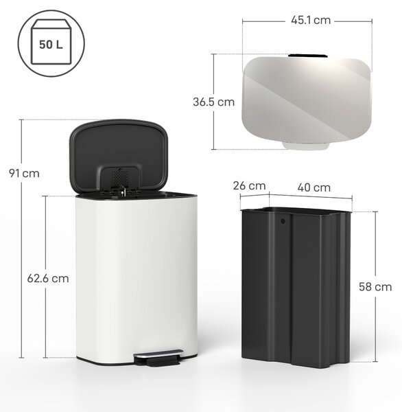 HOMCOM 50L Kitchen Bin with Soft-Close Lid and Stay-Open Function, Stainless Steel Pedal Bin with Removable Inner Bucket, Carry Handle for Kitchen, Office, Home, Cream