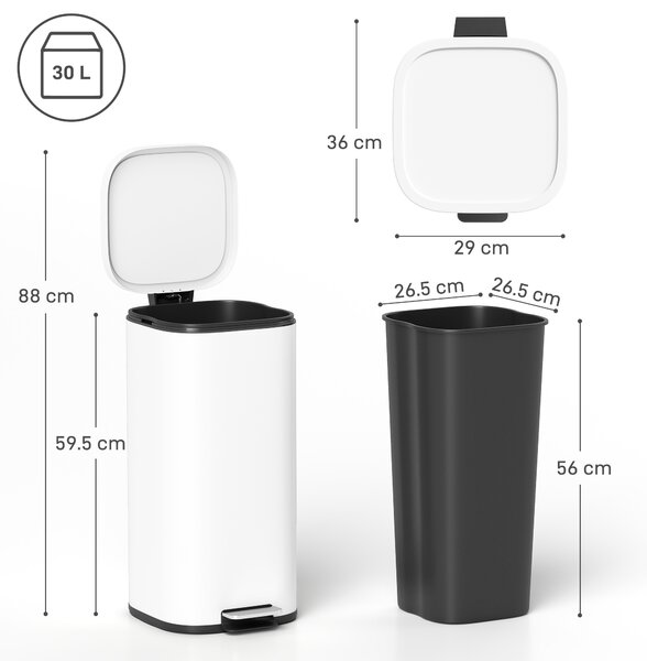 HOMCOM 30L Kitchen Bin, Compact Pedal Bin with Soft-Close and Stay-Open Lid, Removable Bucket for Kitchen, Home, Office, White