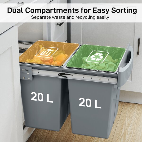 HOMCOM Pull Out Bin with Smooth Glide and Frosted Storage Lid, Kitchen Under Sink Bin with 2 Removable Compartments and Handle for Waste and Recycling, 40L (20L+20L), Grey
