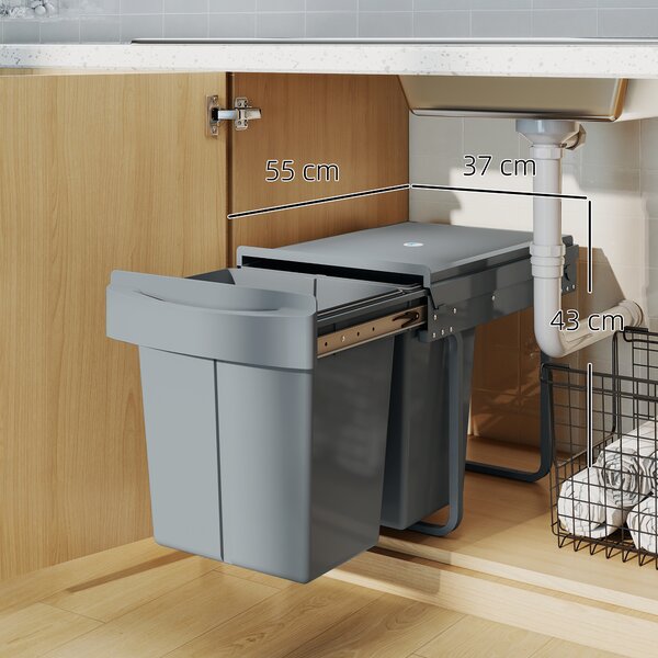 HOMCOM Pull Out Bin with Smooth Glide and Frosted Storage Lid, Kitchen Under Sink Bin with 2 Removable Compartments and Handle for Waste and Recycling, 40L (20L+20L), Grey