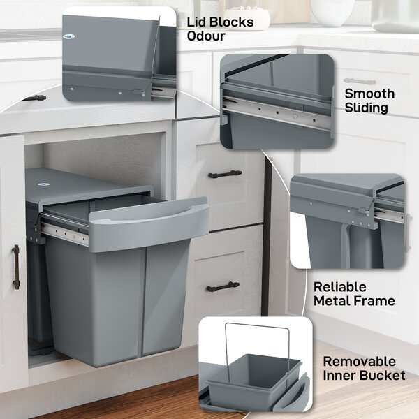 HOMCOM Pull Out Bin with Smooth Glide and Frosted Storage Lid, Kitchen Under Sink Bin with 2 Removable Compartments and Handle for Waste and Recycling, 40L (20L+20L), Grey