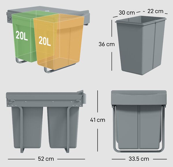 HOMCOM Pull Out Bin with Smooth Glide and Frosted Storage Lid, Kitchen Under Sink Bin with 2 Removable Compartments and Handle for Waste and Recycling, 40L (20L+20L), Grey