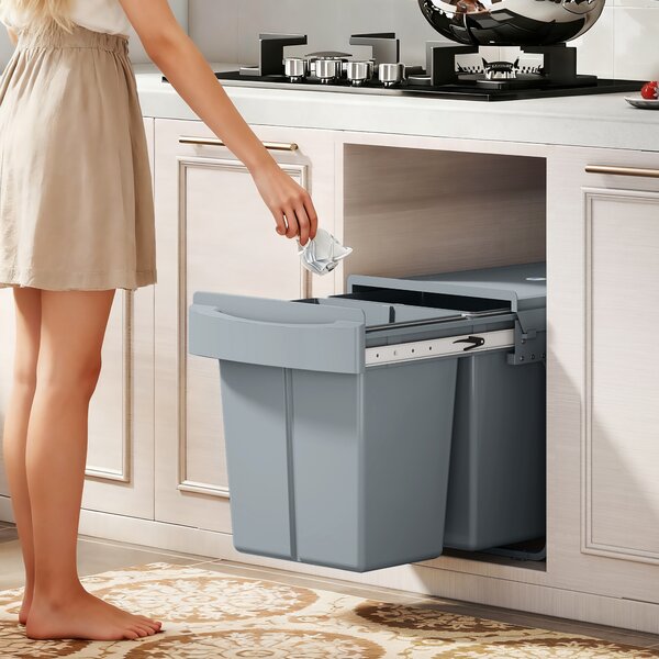 HOMCOM Pull Out Bin with Smooth Glide and Frosted Storage Lid, Kitchen Under Sink Bin with 2 Removable Compartments and Handle for Waste and Recycling, 40L (20L+20L), Grey