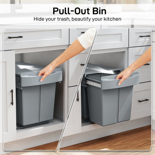 HOMCOM Pull Out Bin with Smooth Glide and Frosted Storage Lid, Kitchen Under Sink Bin with 2 Removable Compartments and Handle for Waste and Recycling, 40L (20L+20L), Grey