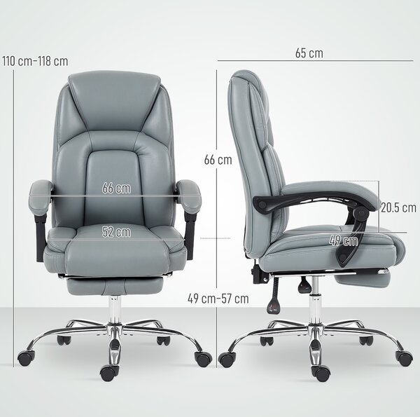 HOMCOM Faux Leather Reclining Office Chair, with Footrest - Grey