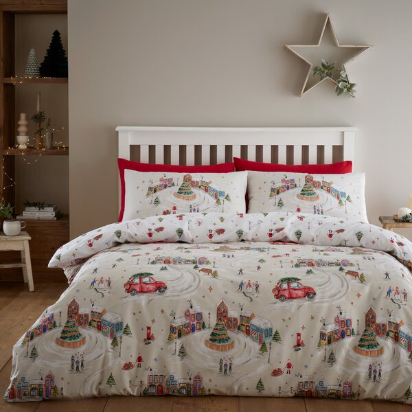 Catherine Lansfield Christmas Town Reversible Duvet Cover Bedding Set Natural