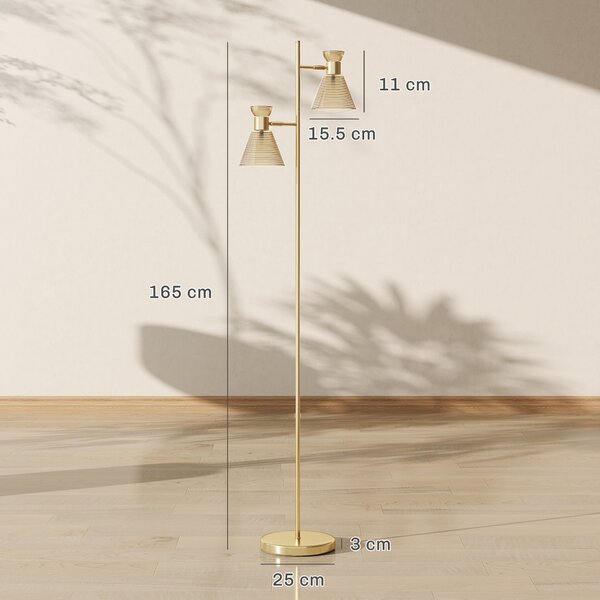 HOMCOM Floor Lamp with Adjustable Dual Head, Modern Standing Lamp with Floral Glass Shades and Foot Switch for Living Room Bedroom, E27 Socket, Bulb Not Included, Gold Tone