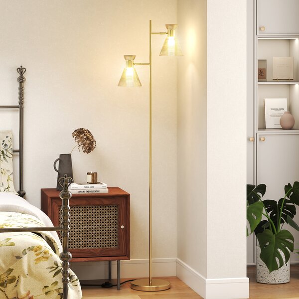 HOMCOM Floor Lamp with Adjustable Dual Head, Modern Standing Lamp with Floral Glass Shades and Foot Switch for Living Room Bedroom, E27 Socket, Bulb Not Included, Gold Tone