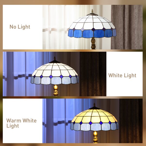 HOMCOM Tiffany-Style Floor Lamp with Handcrafted Stained Glass Shade, 152cm Tall Vintage Standing Lamp with Foot Switch and Dual Sockets for Living Room Bedroom, Bronze Tone and Blue