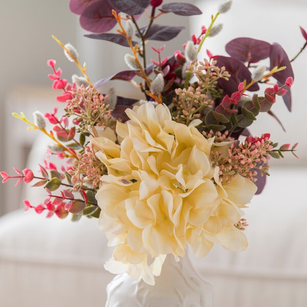 Artificial Hydrangea & Foliage Bouquet in Textured White Floral Vase