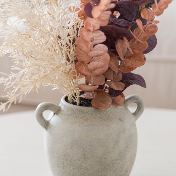 Artificial Purple Eucalyptus & Pampas Bouquet in Washed Grey Cement Handle Vase