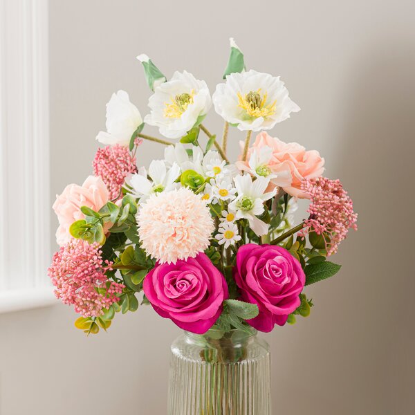 Artificial Rose & Poppy Bouquet in Ribbed Glass Vase