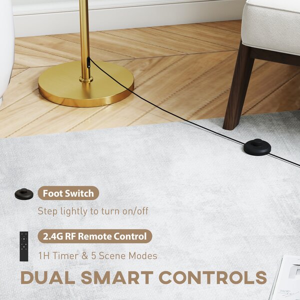 HOMCOM Floor Lamp with Remote, Height Adjustable Standing Lamp with Linen Shade, Dimmable with 3000K-6000K Adjustable Colour Temperatures, Foot Switch for Living Room Bedroom Office, Gold Tone
